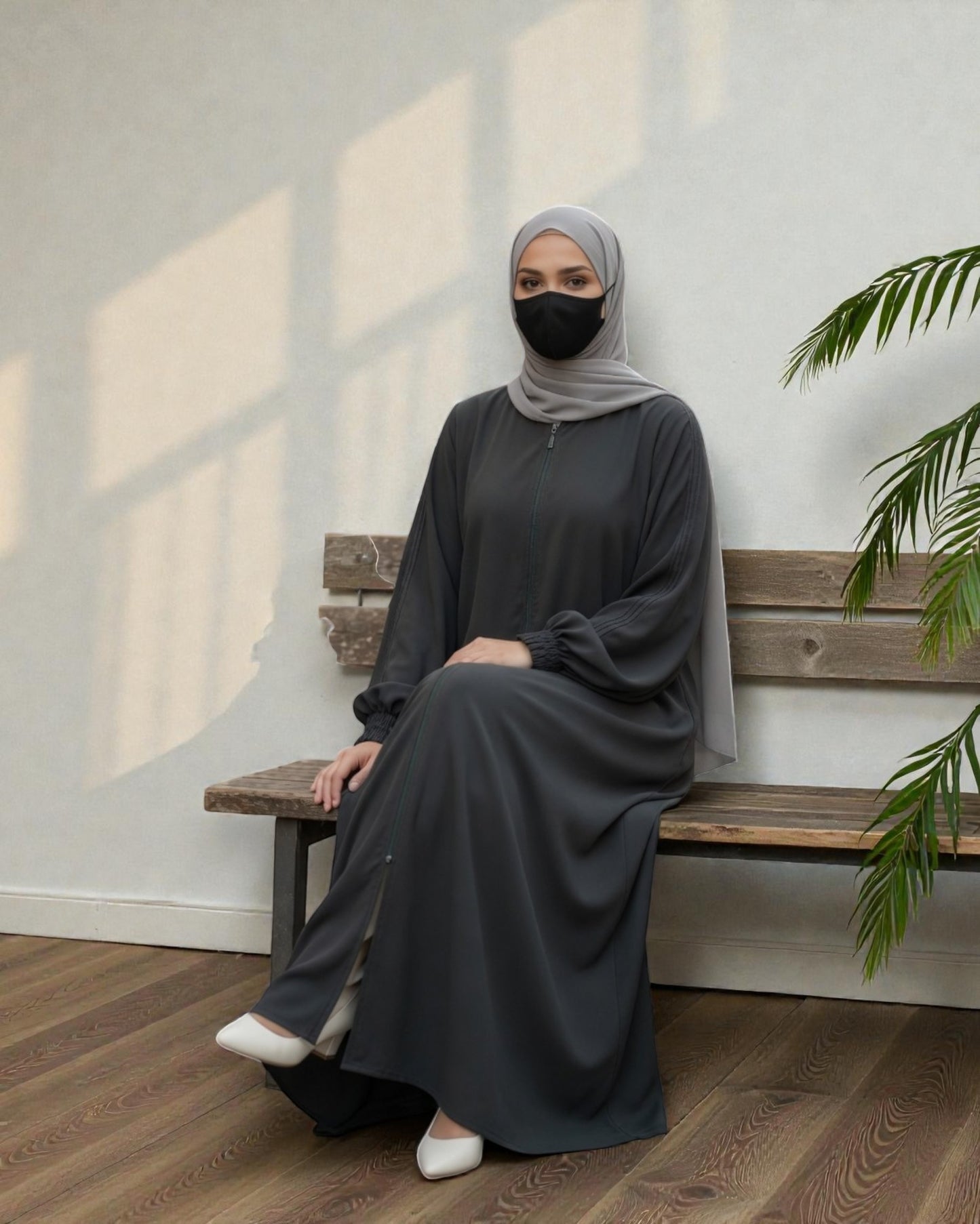 Dark Grey Abaya With Hijab – Front Open Zipper Style
