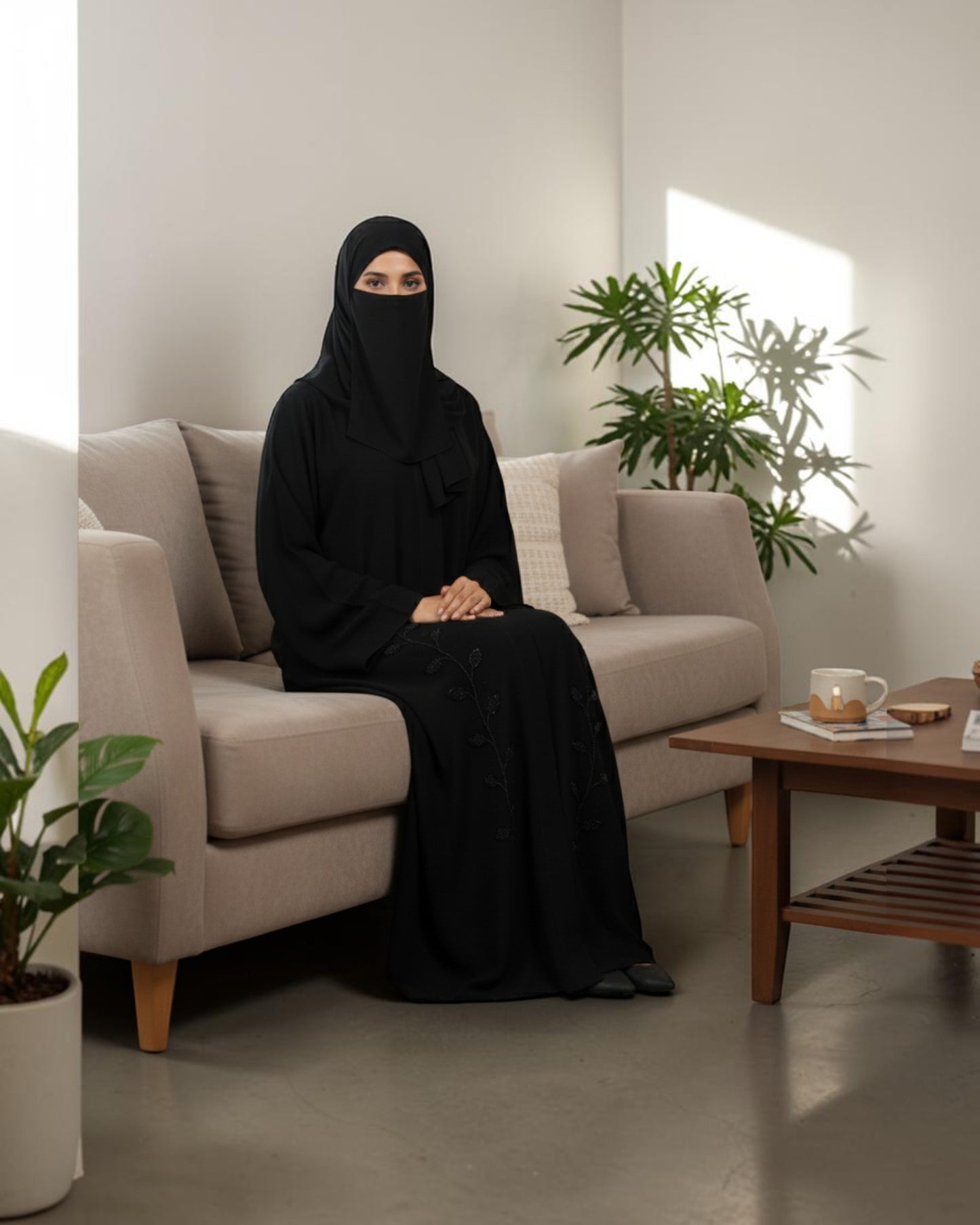 Black Handwork Abaya With Beaded Detail