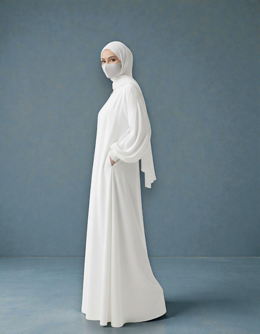 White Abaya With Hijab – Front Open Zipper Style