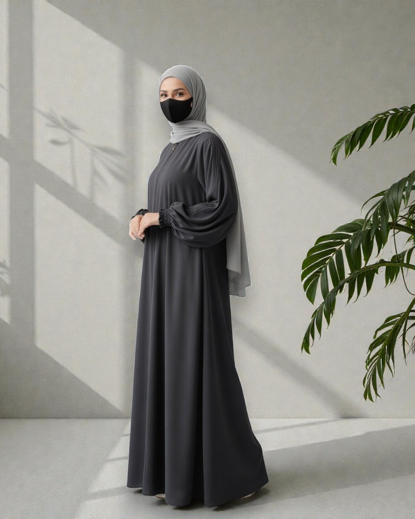 Dark Grey Abaya With Hijab – Front Open Zipper Style