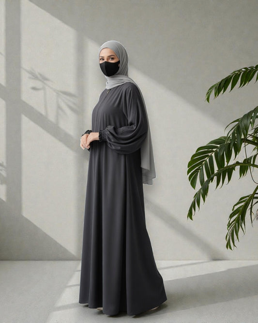 Dark Grey Abaya With Hijab – Front Open Zipper Style