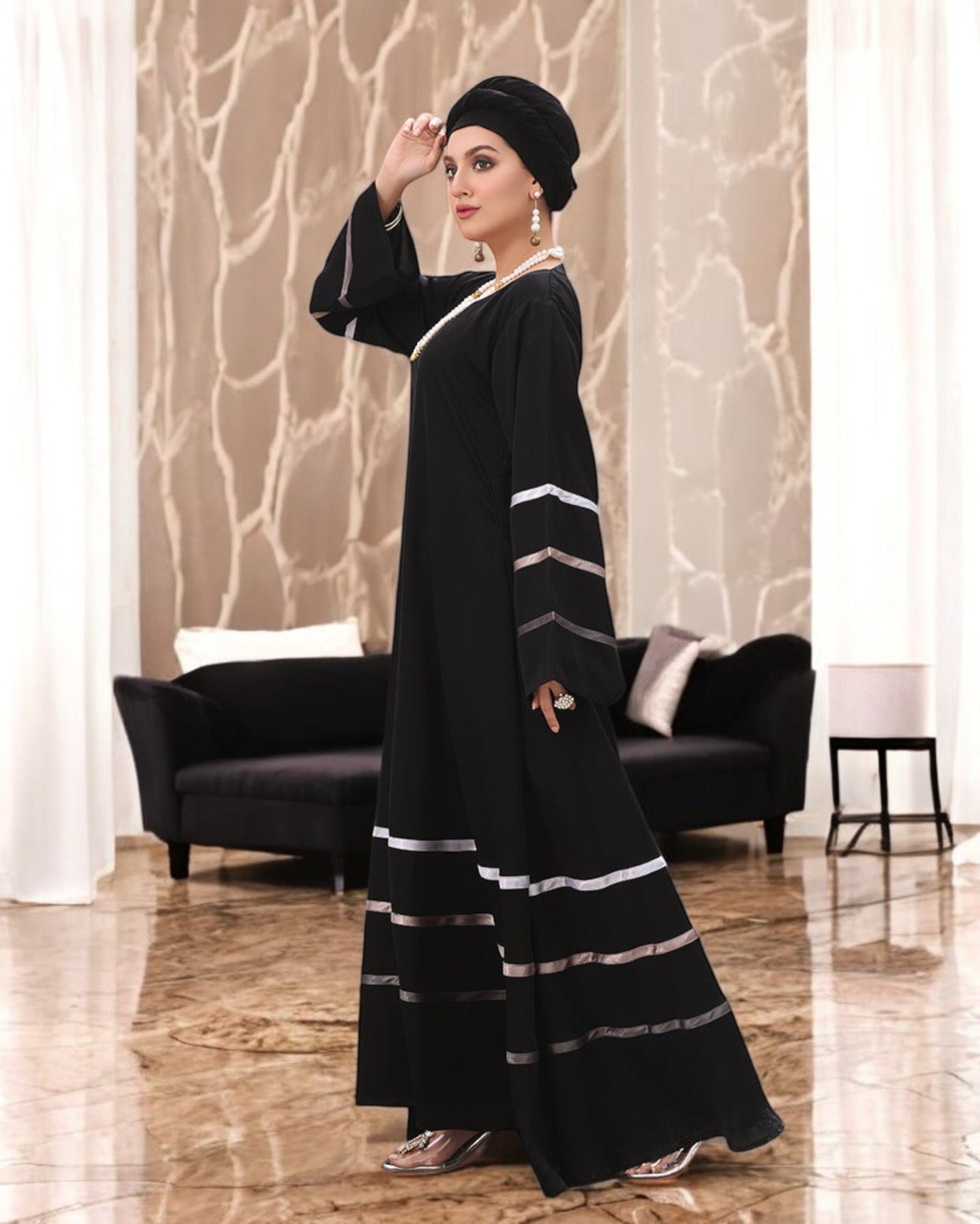 Flared A-Line Firdaus Fabric Abaya with Colorful Satin Tapes