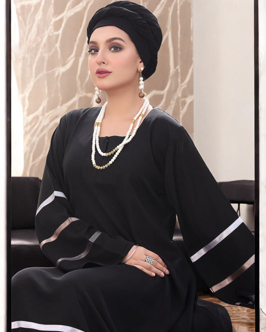 Flared A-Line Firdaus Fabric Abaya with Colorful Satin Tapes