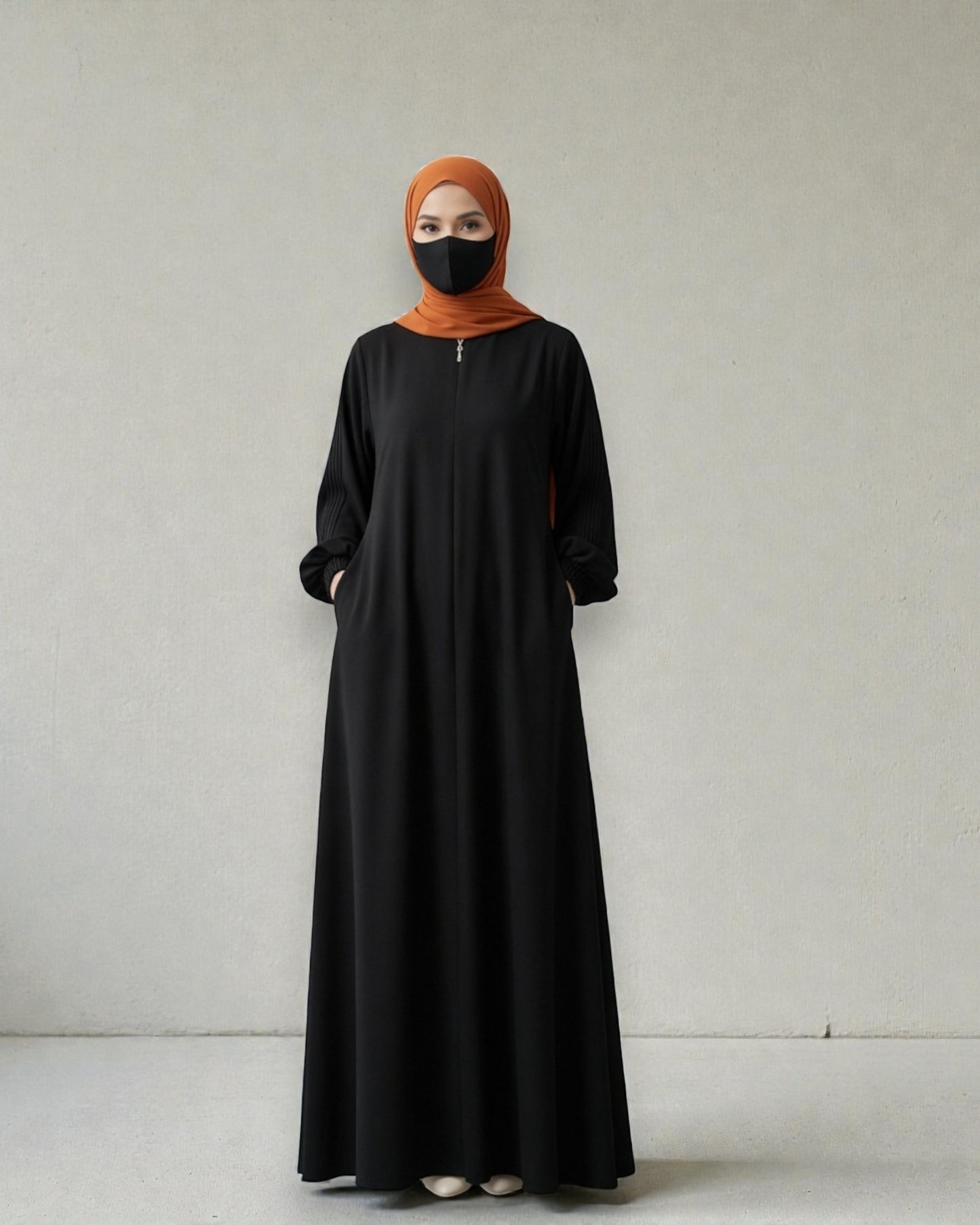 Black Abaya With Hijab – Front Open Zipper Style