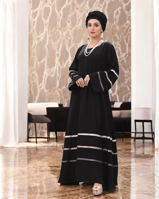 Flared A-Line Firdaus Fabric Abaya with Colorful Satin Tapes