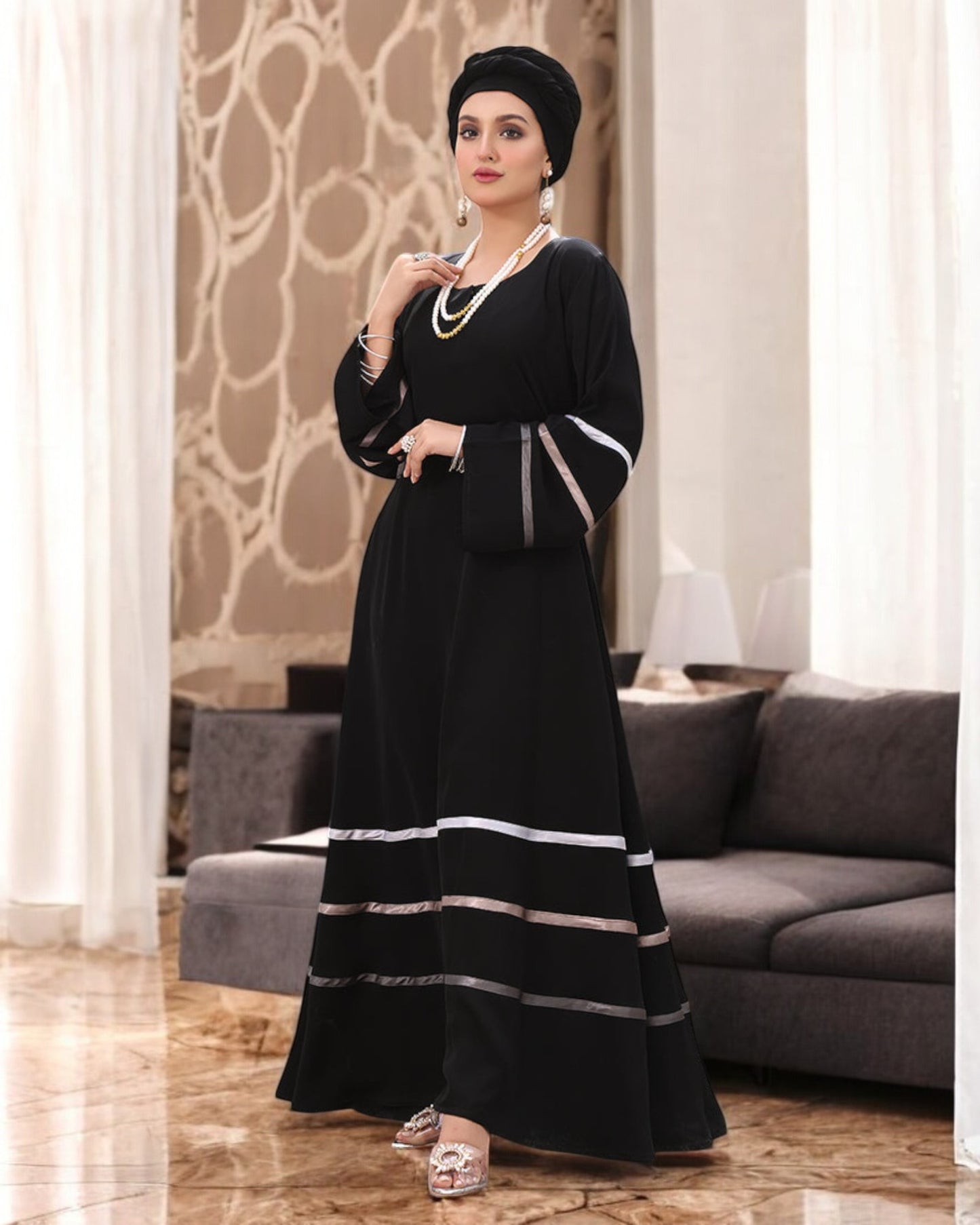 Flared A-Line Firdaus Fabric Abaya with Colorful Satin Tapes