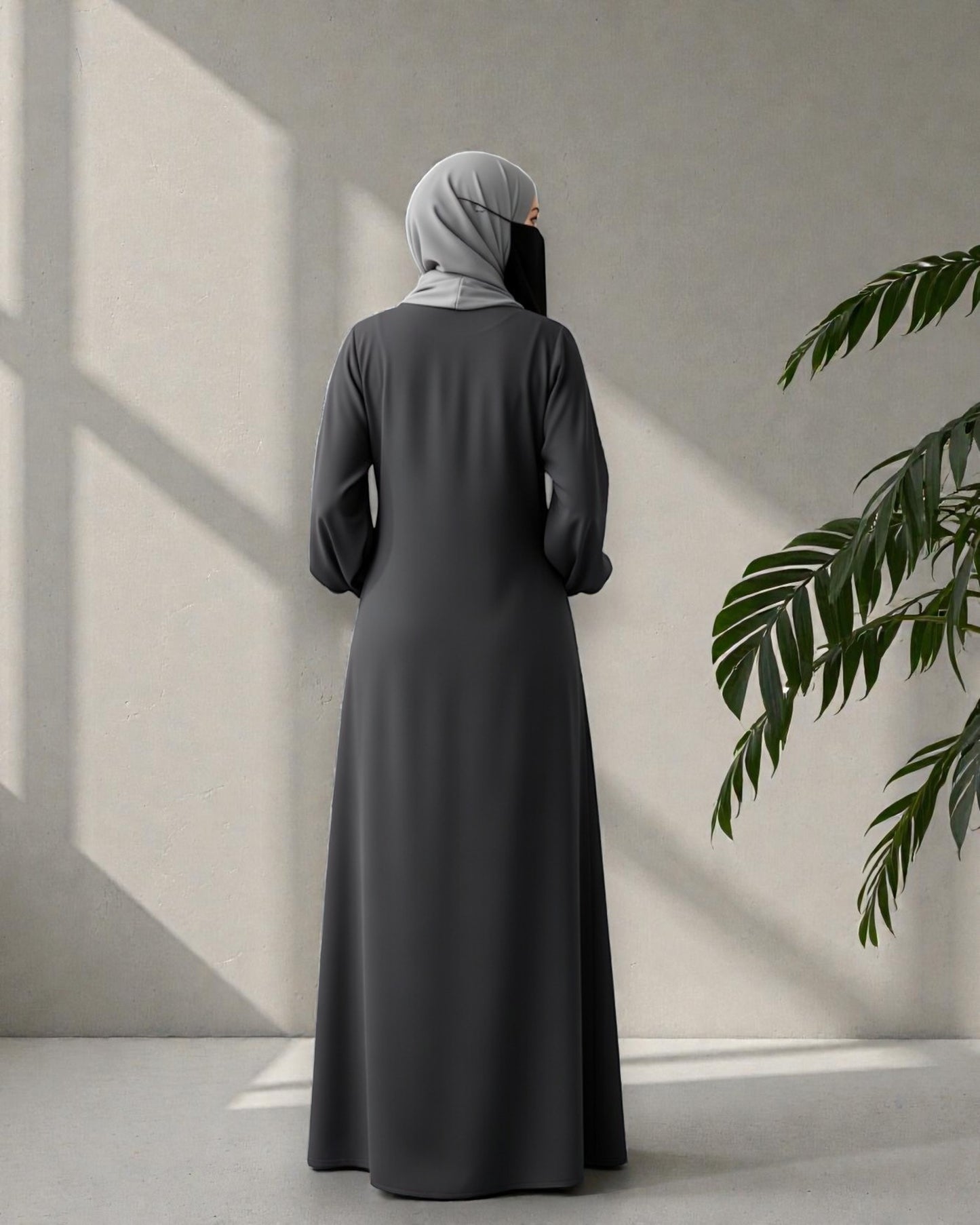 Dark Grey Abaya With Hijab – Front Open Zipper Style