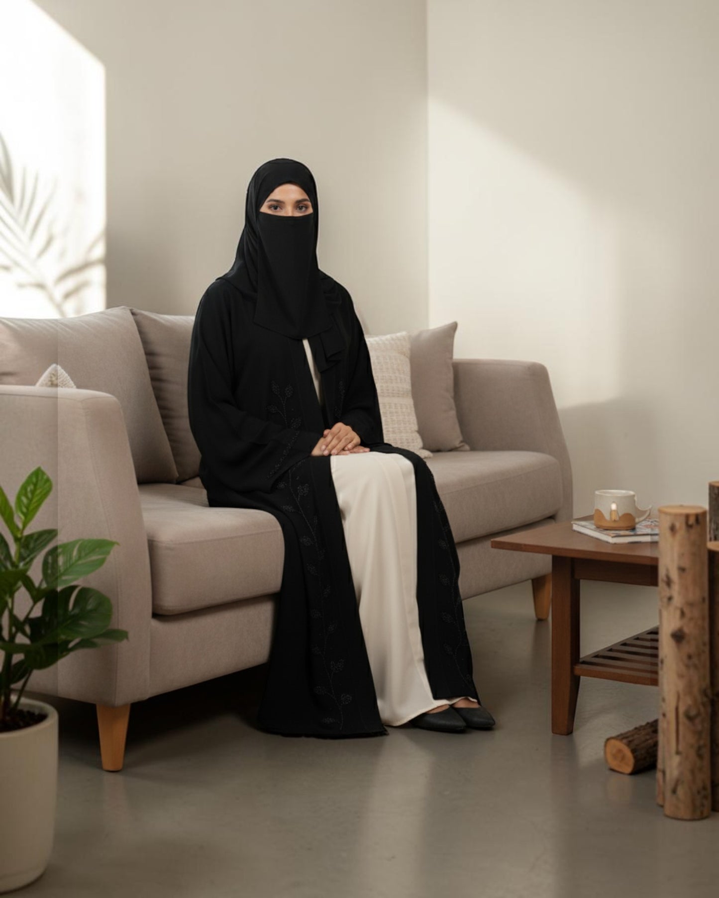 Black Handwork Abaya With Beaded Detail