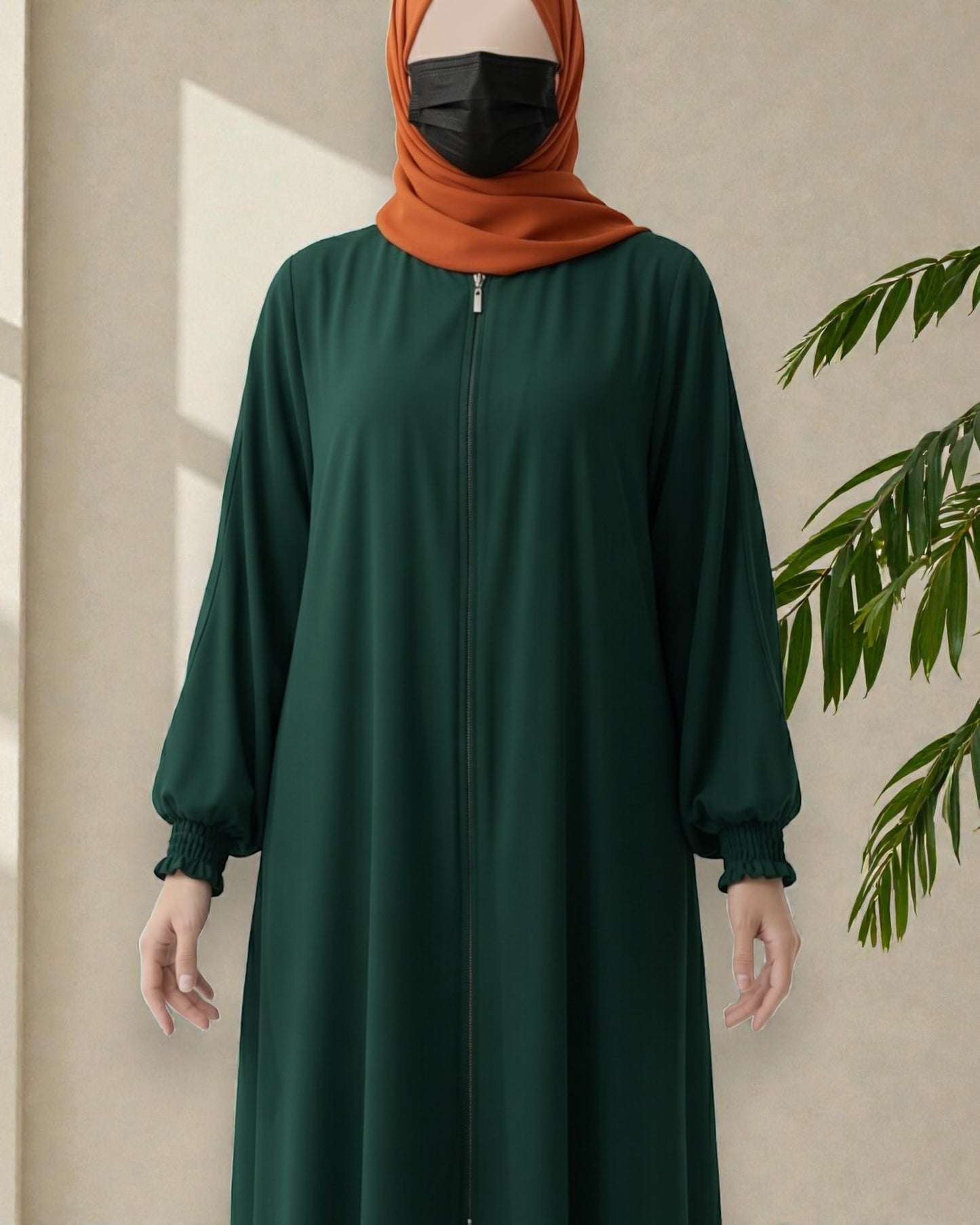 Green Abaya With Hijab – Front Open Zipper Style