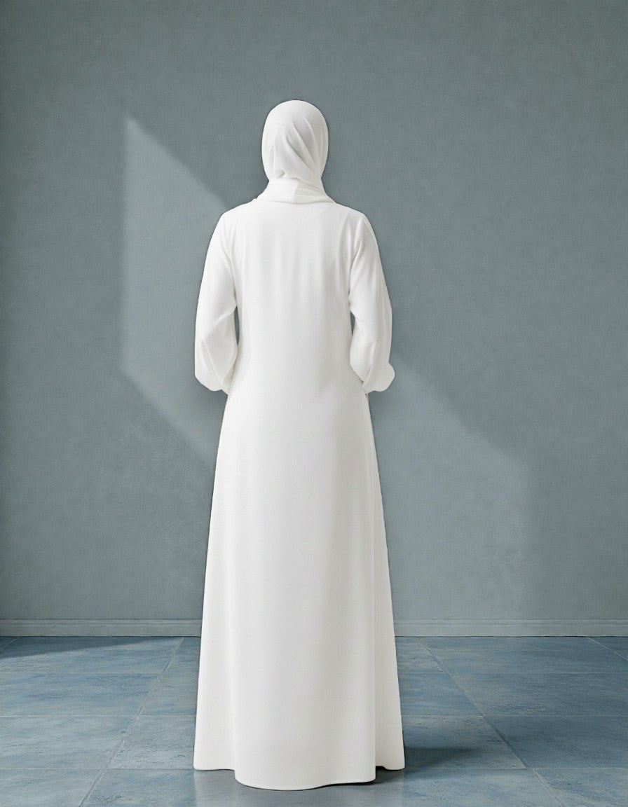 White Abaya With Hijab – Front Open Zipper Style