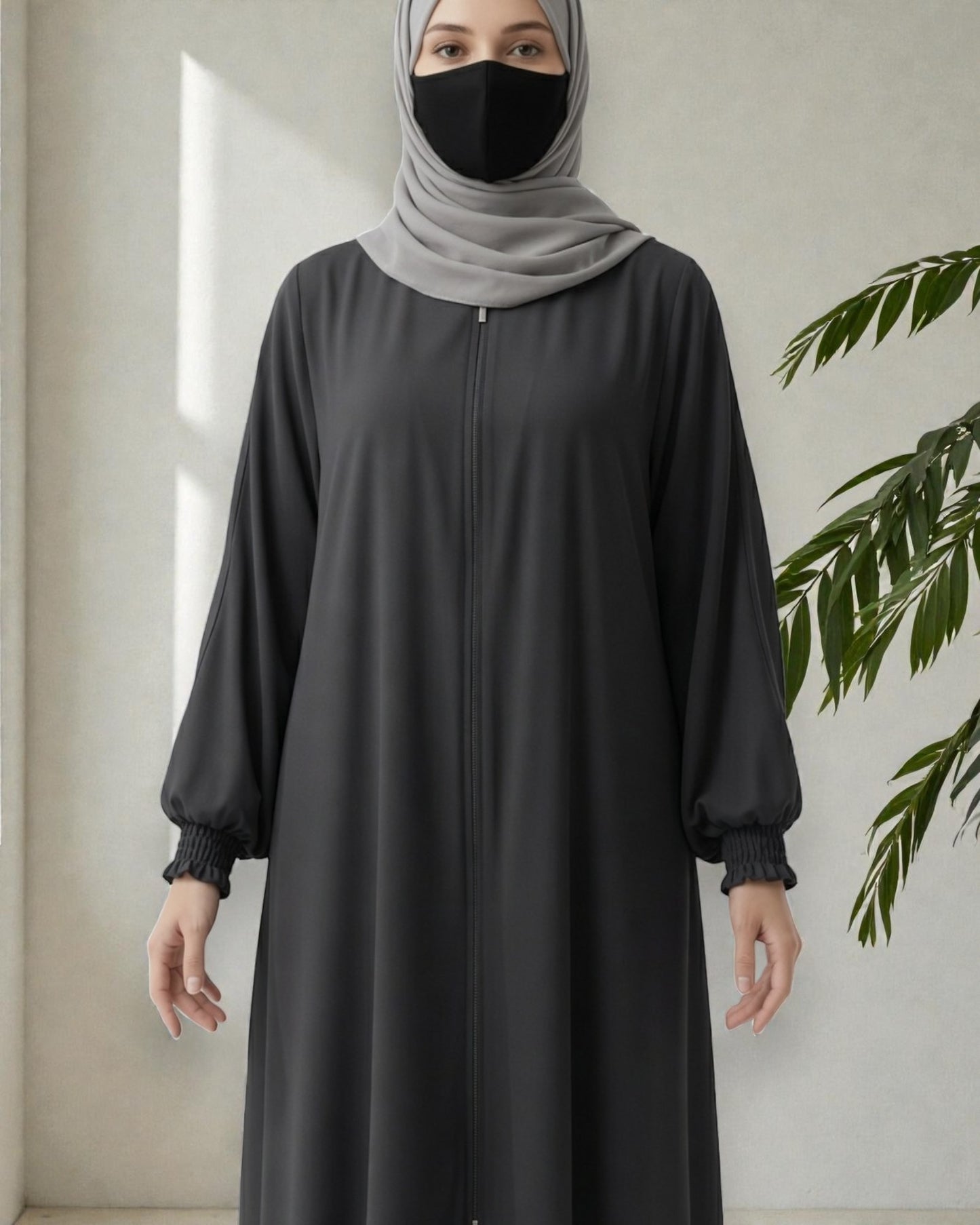 Dark Grey Abaya With Hijab – Front Open Zipper Style
