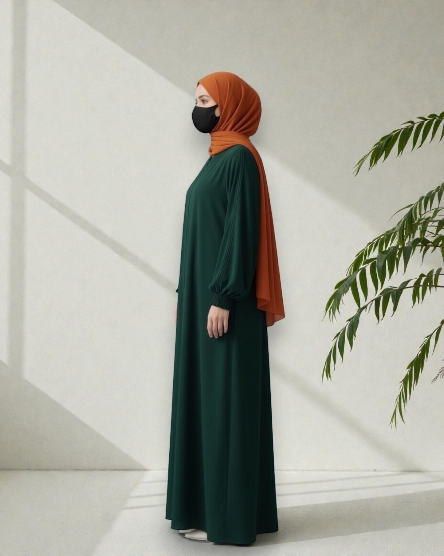 Green Abaya With Hijab – Front Open Zipper Style