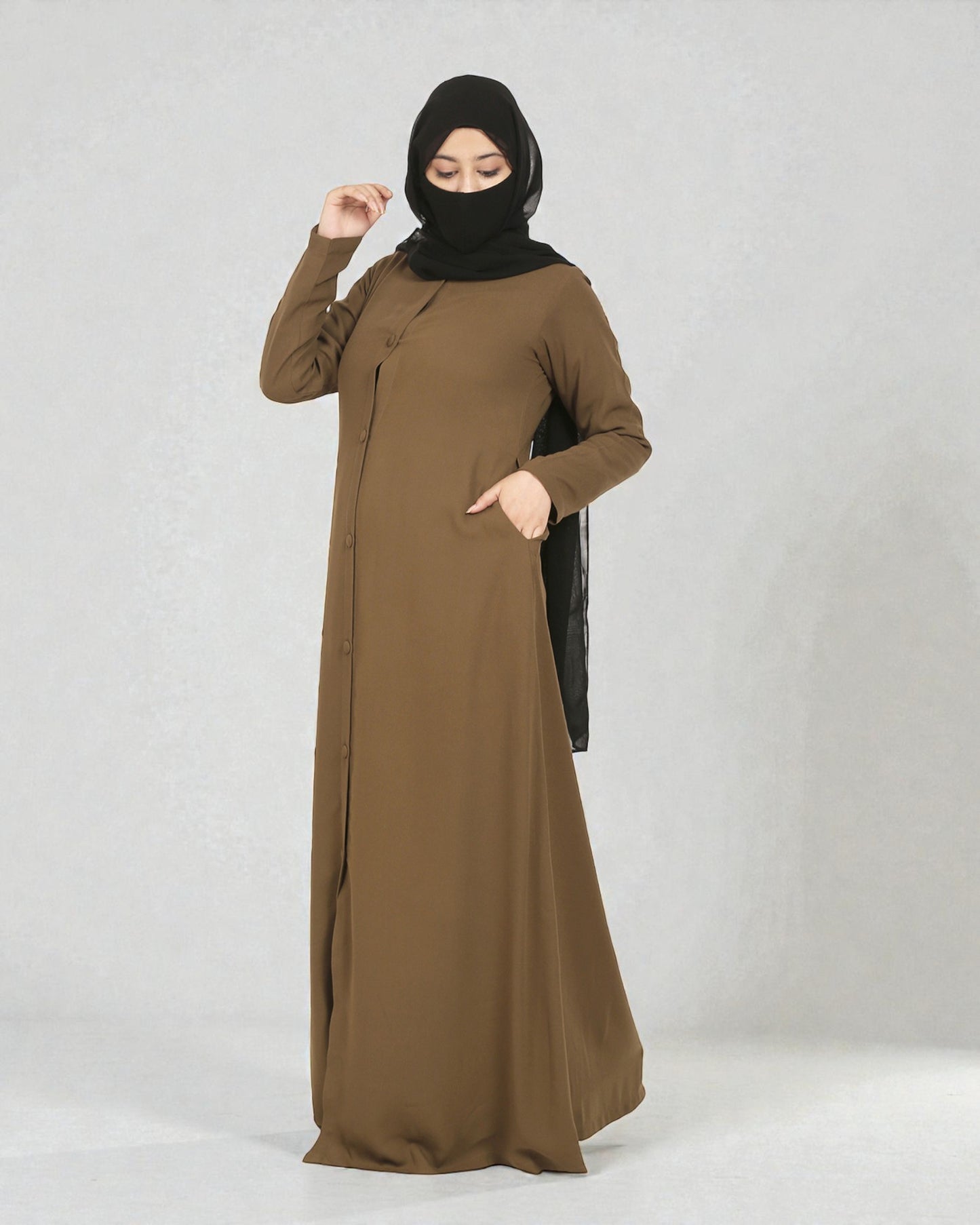 Front Open Abaya In Firdaus Fabric With Matching Buttons