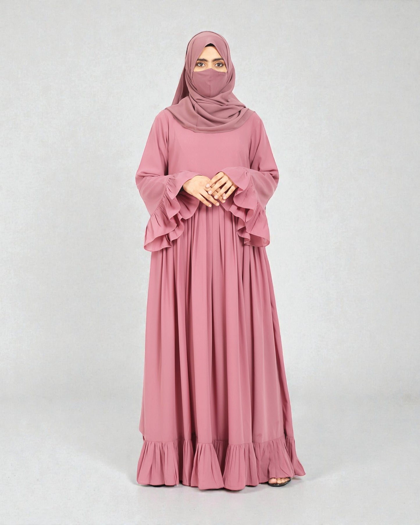 Designer Maxi Dress In Abaya Fit With Frills and Pleats.
