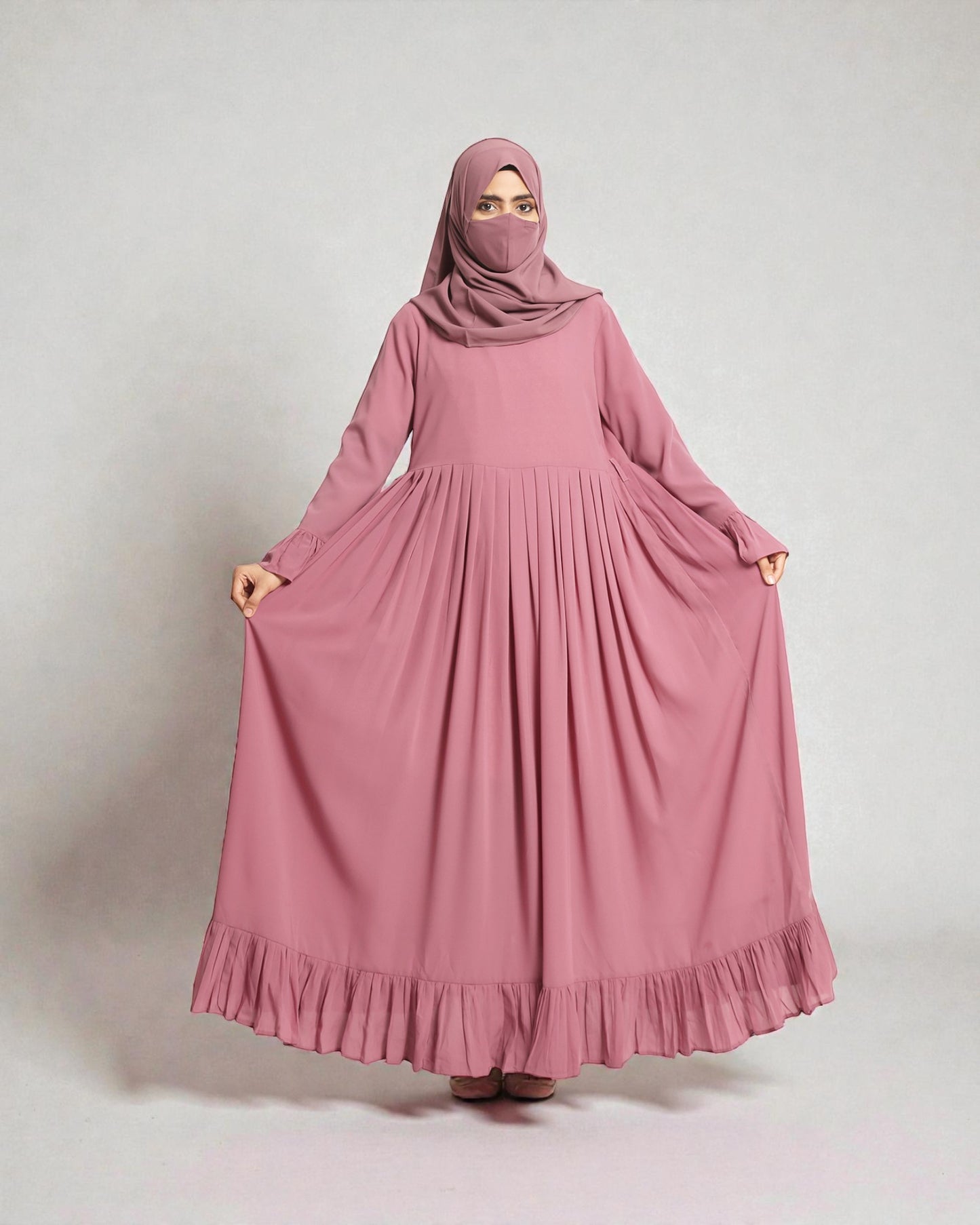 Designer Maxi Dress In Abaya Fit With Frills and Pleats.