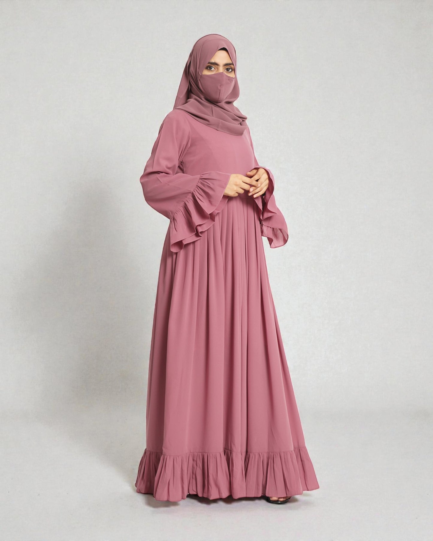 Designer Maxi Dress In Abaya Fit With Frills and Pleats.