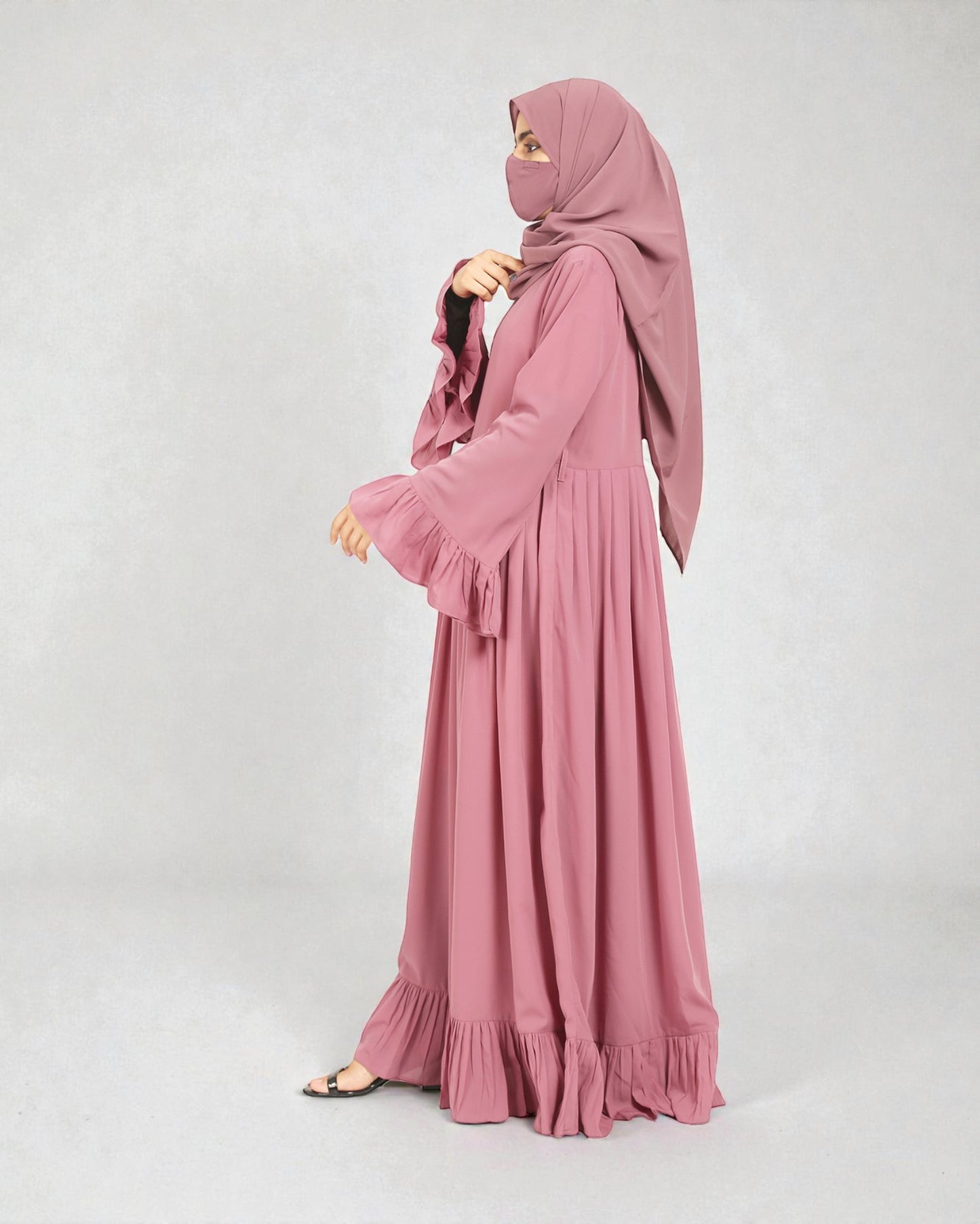 Designer Maxi Dress In Abaya Fit With Frills and Pleats.