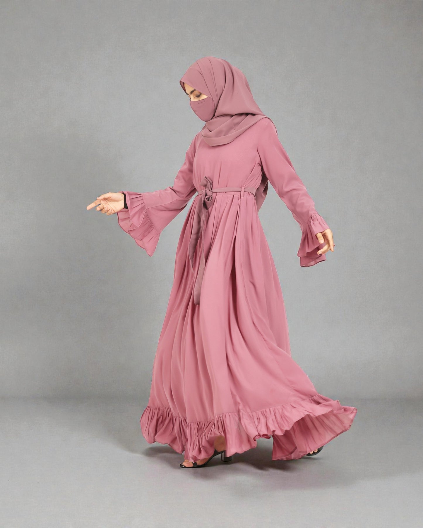 Designer Maxi Dress In Abaya Fit With Frills and Pleats.