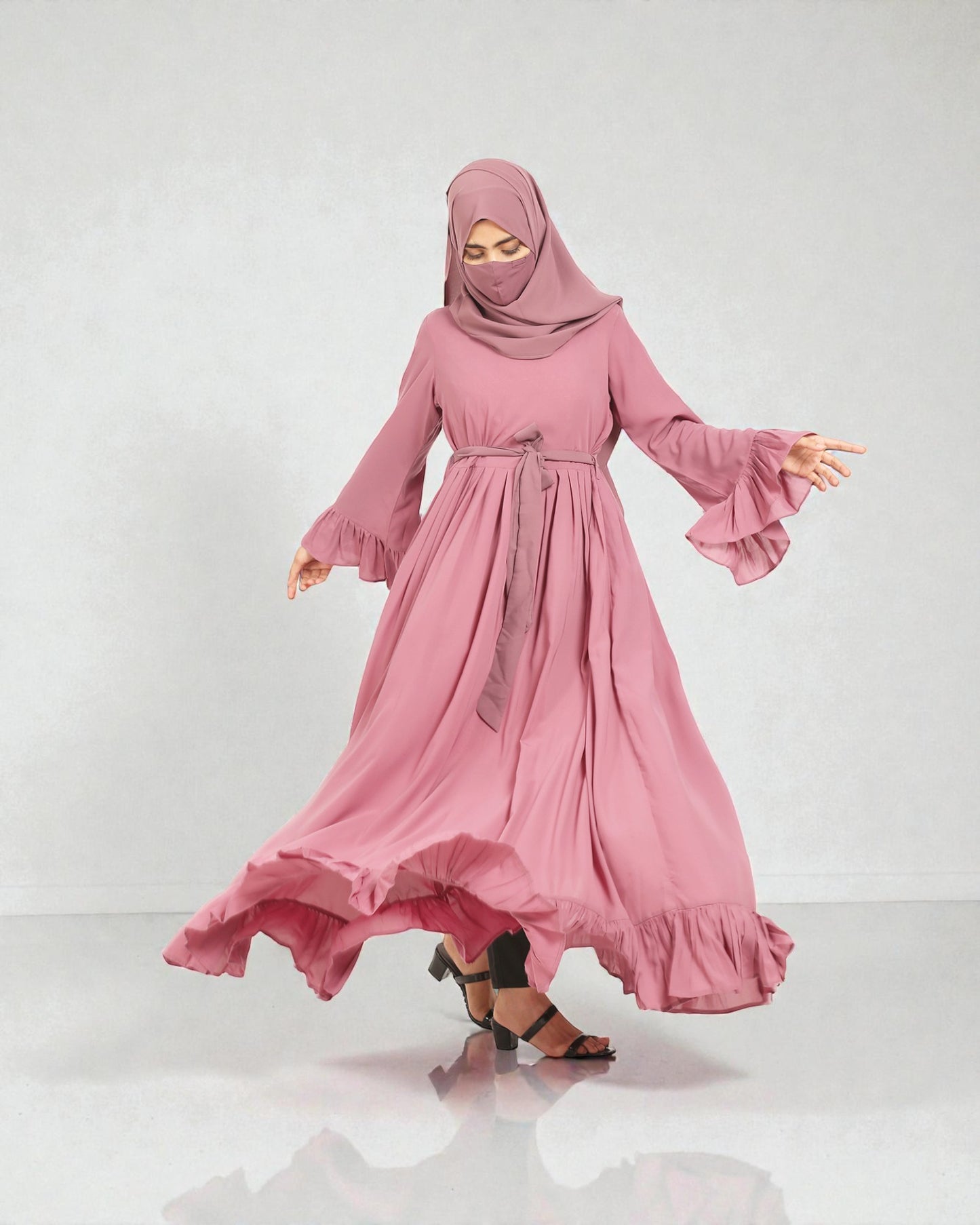 Designer Maxi Dress In Abaya Fit With Frills and Pleats.