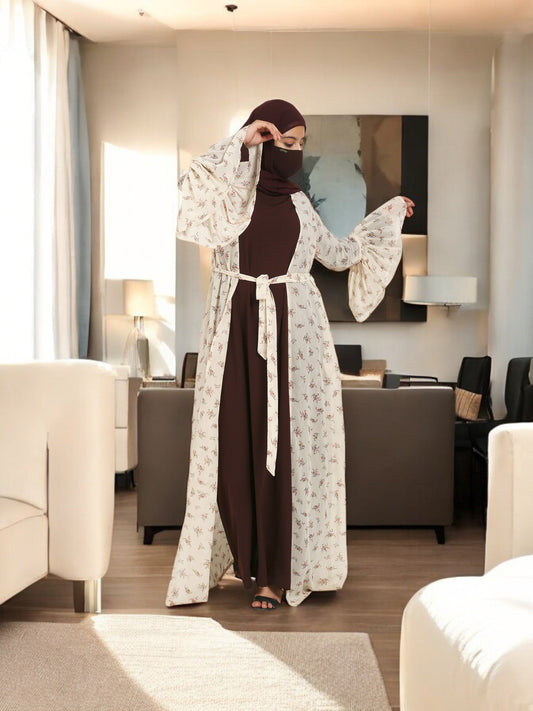 2 Pieces Set Of A Printed Designer Shrug and An Inner Abaya.
