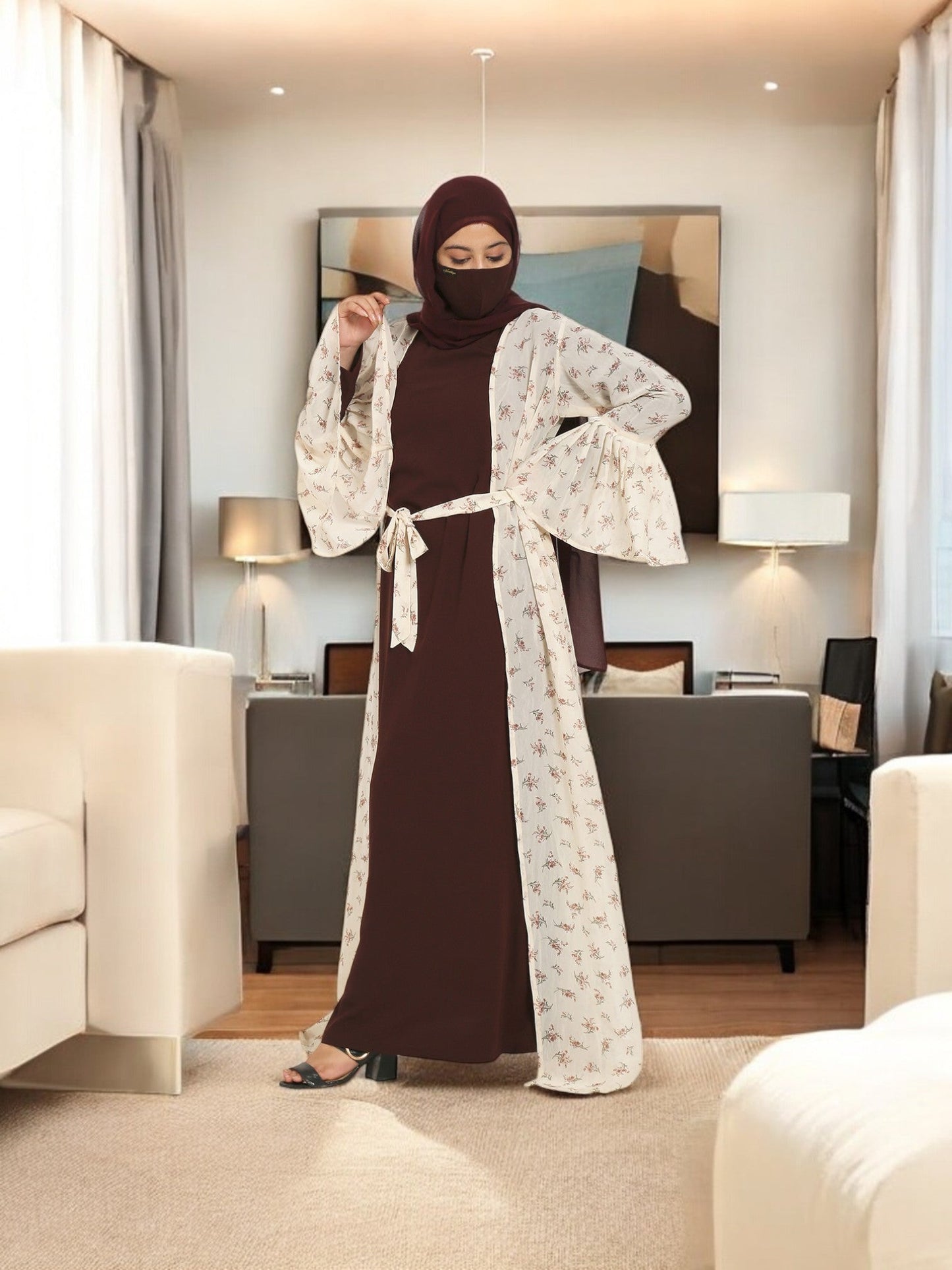 2 Pieces Set Of A Printed Designer Shrug and An Inner Abaya.