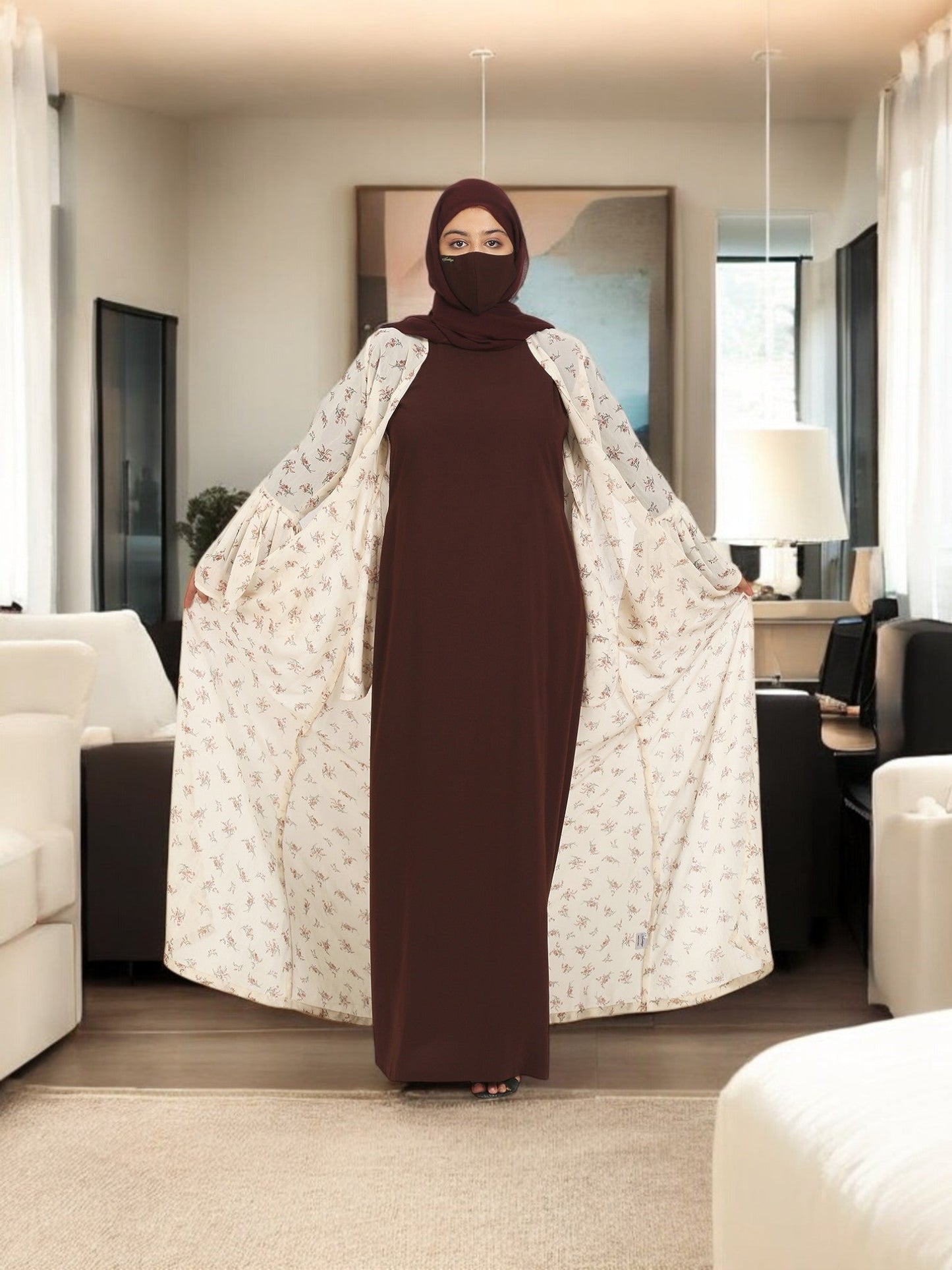 2 Pieces Set Of A Printed Designer Shrug and An Inner Abaya.