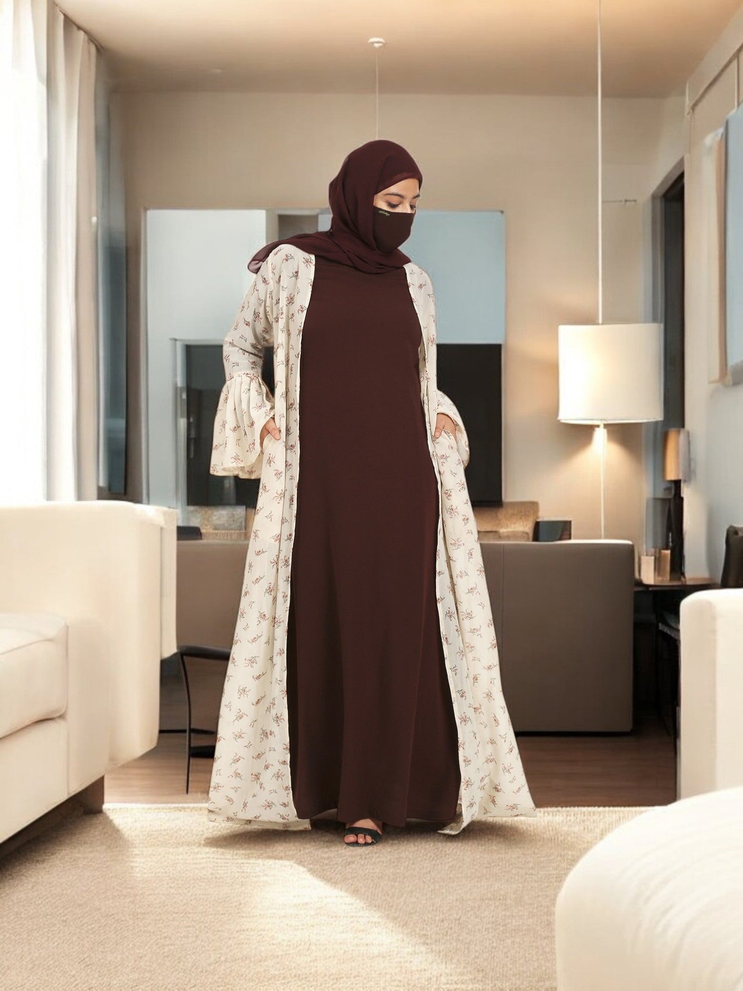 2 Pieces Set Of A Printed Designer Shrug and An Inner Abaya.