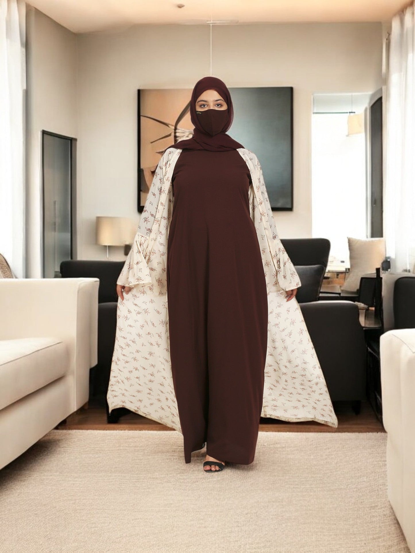 2 Pieces Set Of A Printed Designer Shrug and An Inner Abaya.