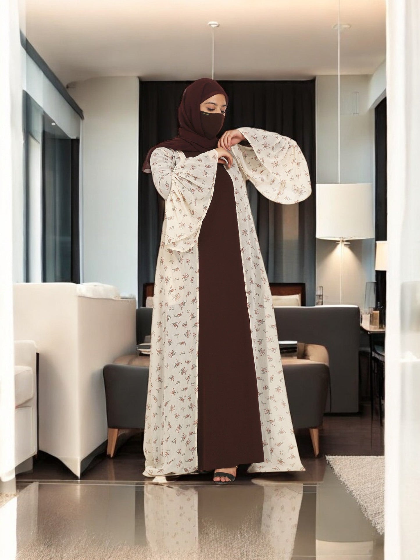 2 Pieces Set Of A Printed Designer Shrug and An Inner Abaya.