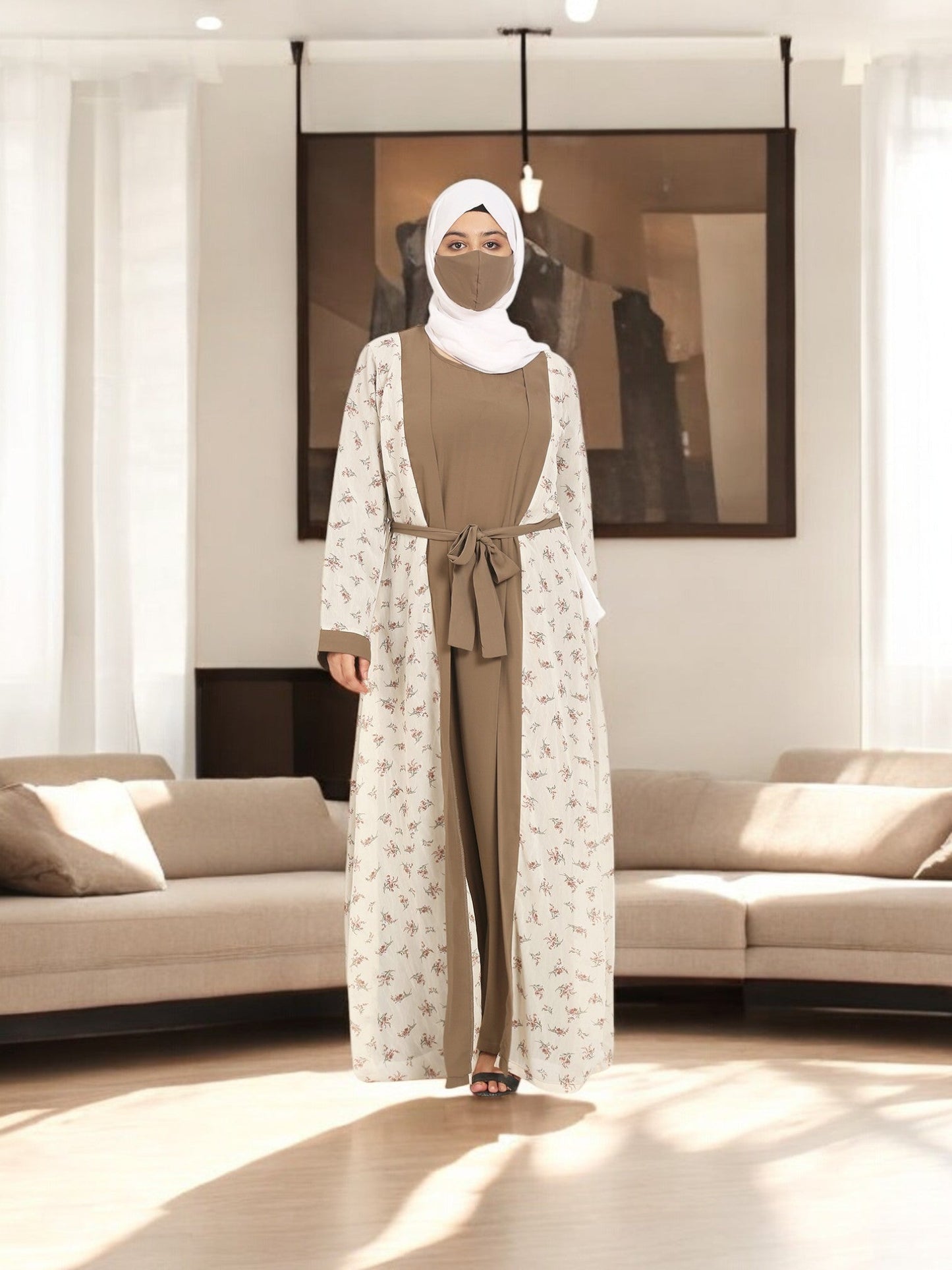 2 Pieces Set Of A Printed Shrug and An Inner Abaya.