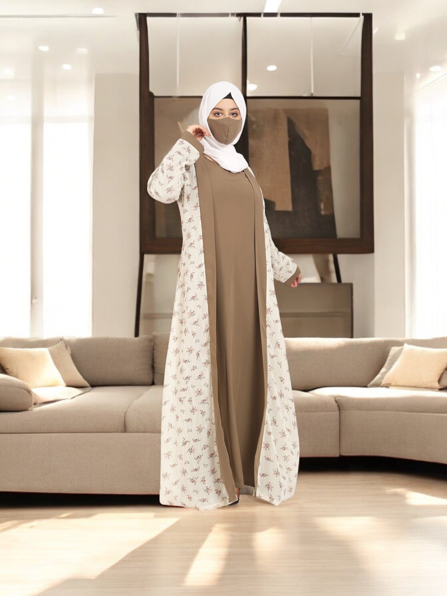 2 Pieces Set Of A Printed Shrug and An Inner Abaya.