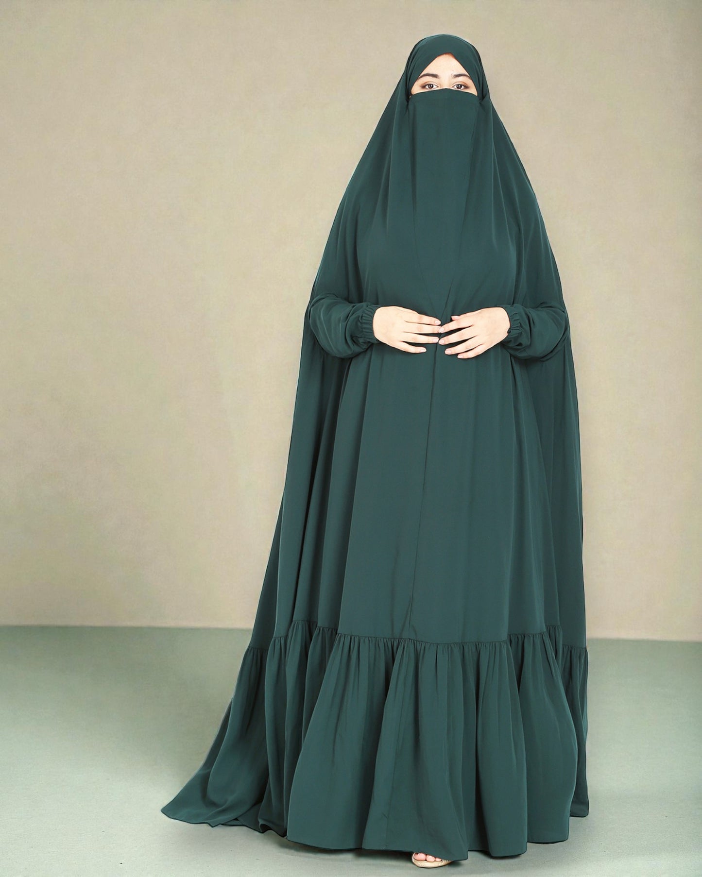 One Piece Jilbab With Adjustable Nose Piece and Frilly Bottom-Very Loose Fit