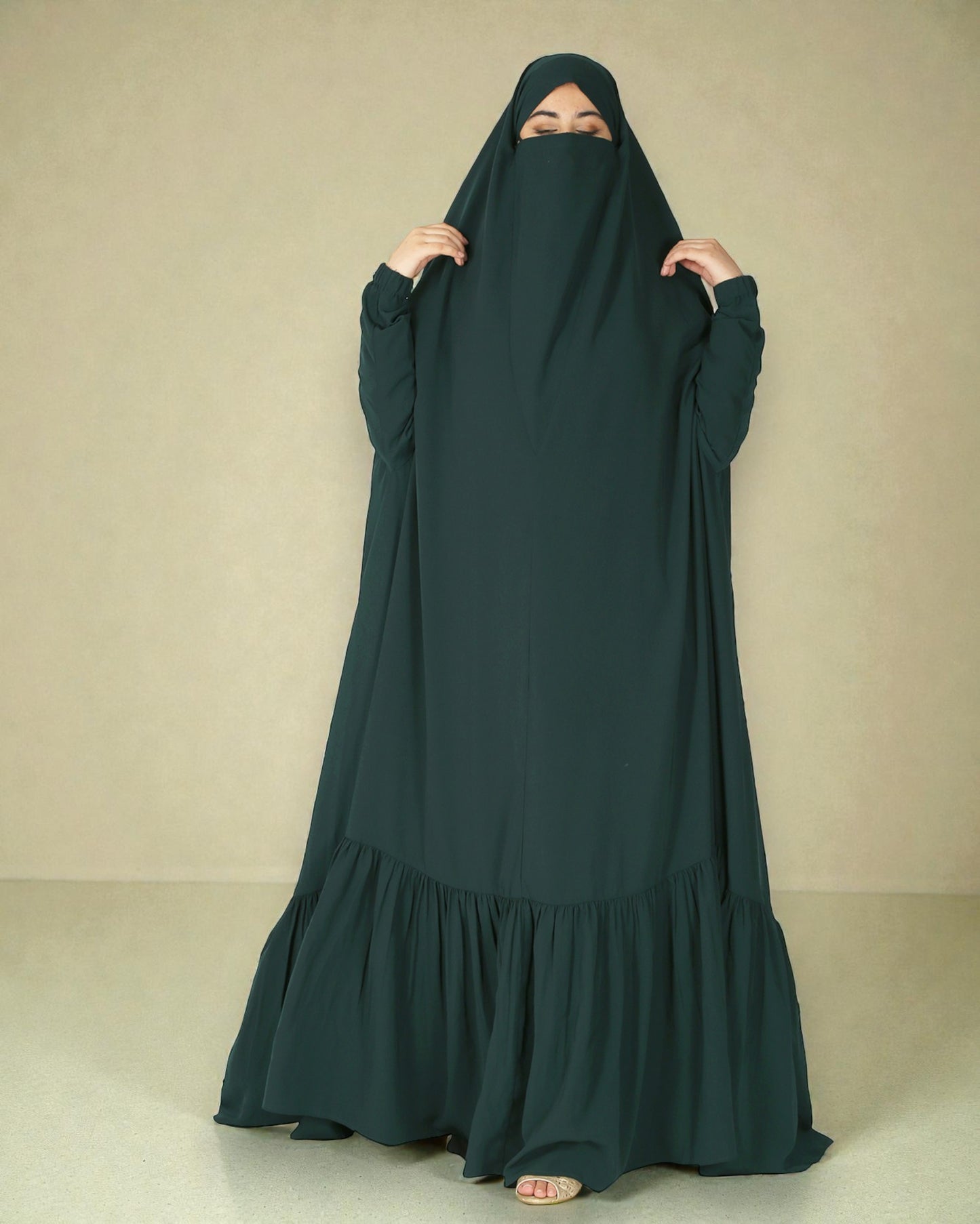 One Piece Jilbab With Adjustable Nose Piece and Frilly Bottom-Very Loose Fit