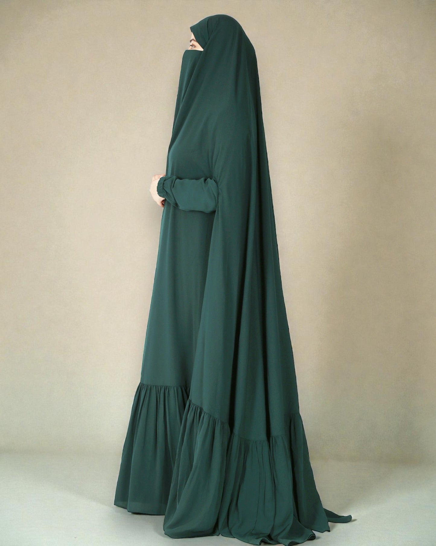 One Piece Jilbab With Adjustable Nose Piece and Frilly Bottom-Very Loose Fit