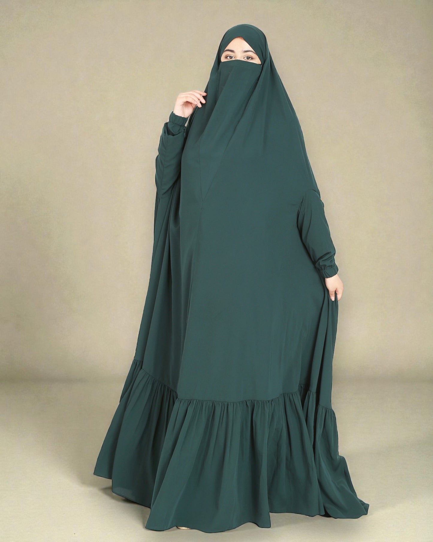 One Piece Jilbab With Adjustable Nose Piece and Frilly Bottom-Very Loose Fit