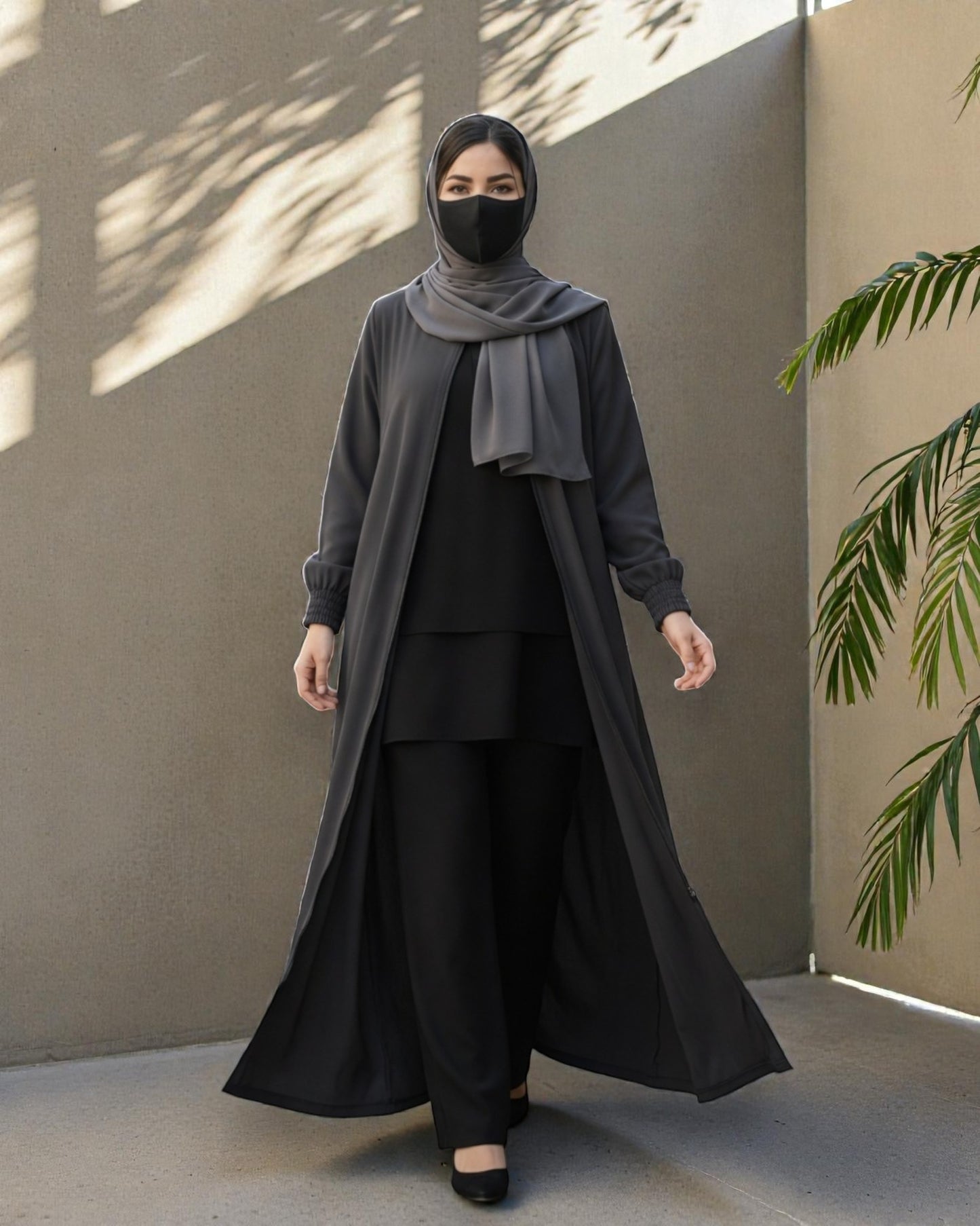 Dark Grey Abaya With Hijab – Front Open Zipper Style