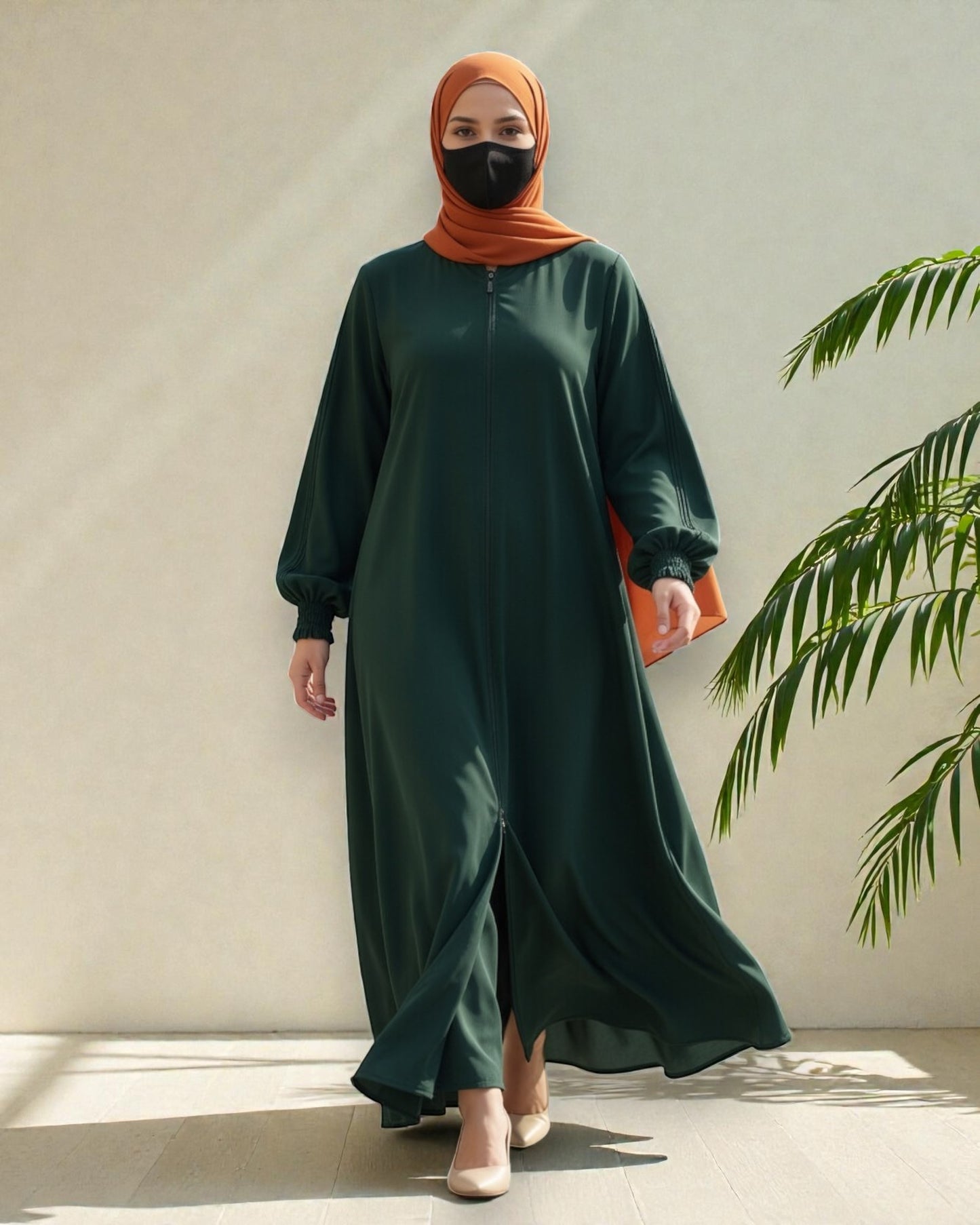 Green Abaya With Hijab – Front Open Zipper Style
