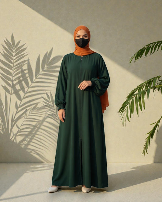 Green Abaya With Hijab – Front Open Zipper Style