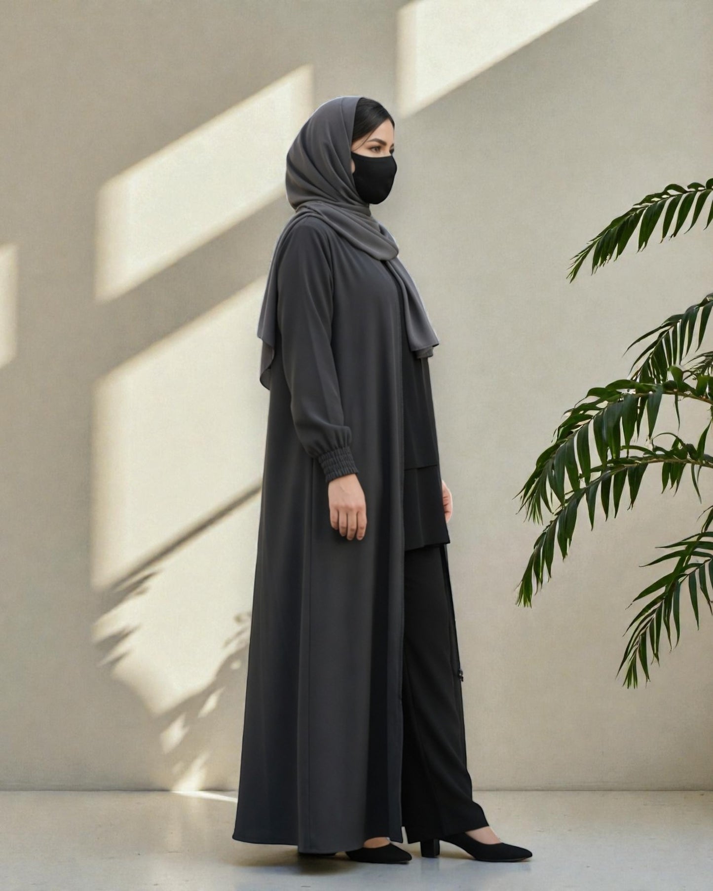 Dark Grey Abaya With Hijab – Front Open Zipper Style