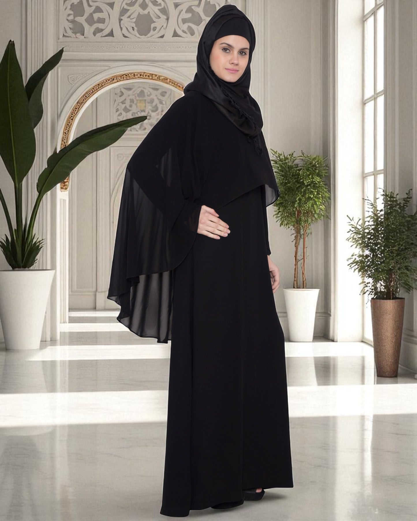 A Line Abaya With Attached Georgette Cape For Full Coverage.
