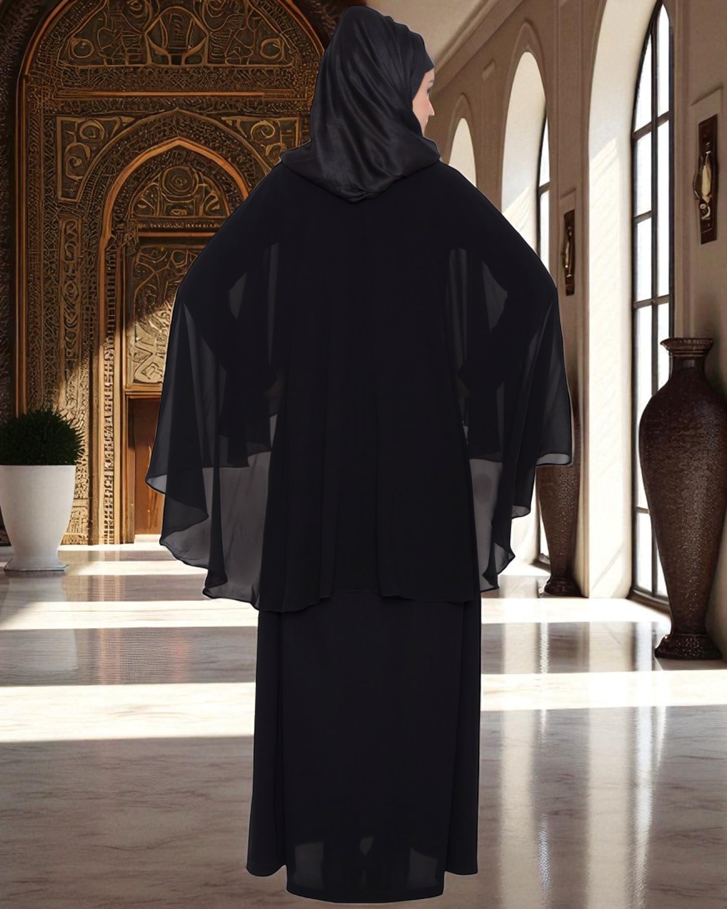 A Line Abaya With Attached Georgette Cape For Full Coverage.