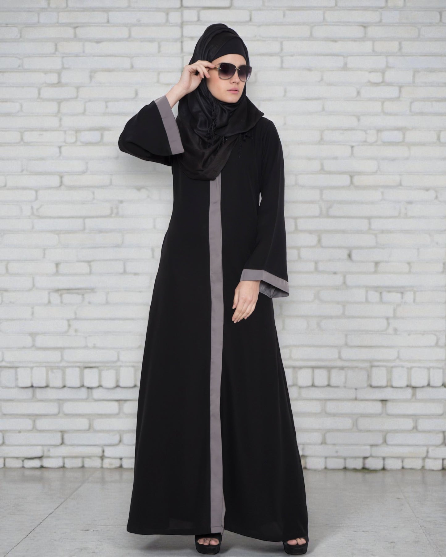 Front Open Abaya With Contrast Panels In Nida Satin Fabric