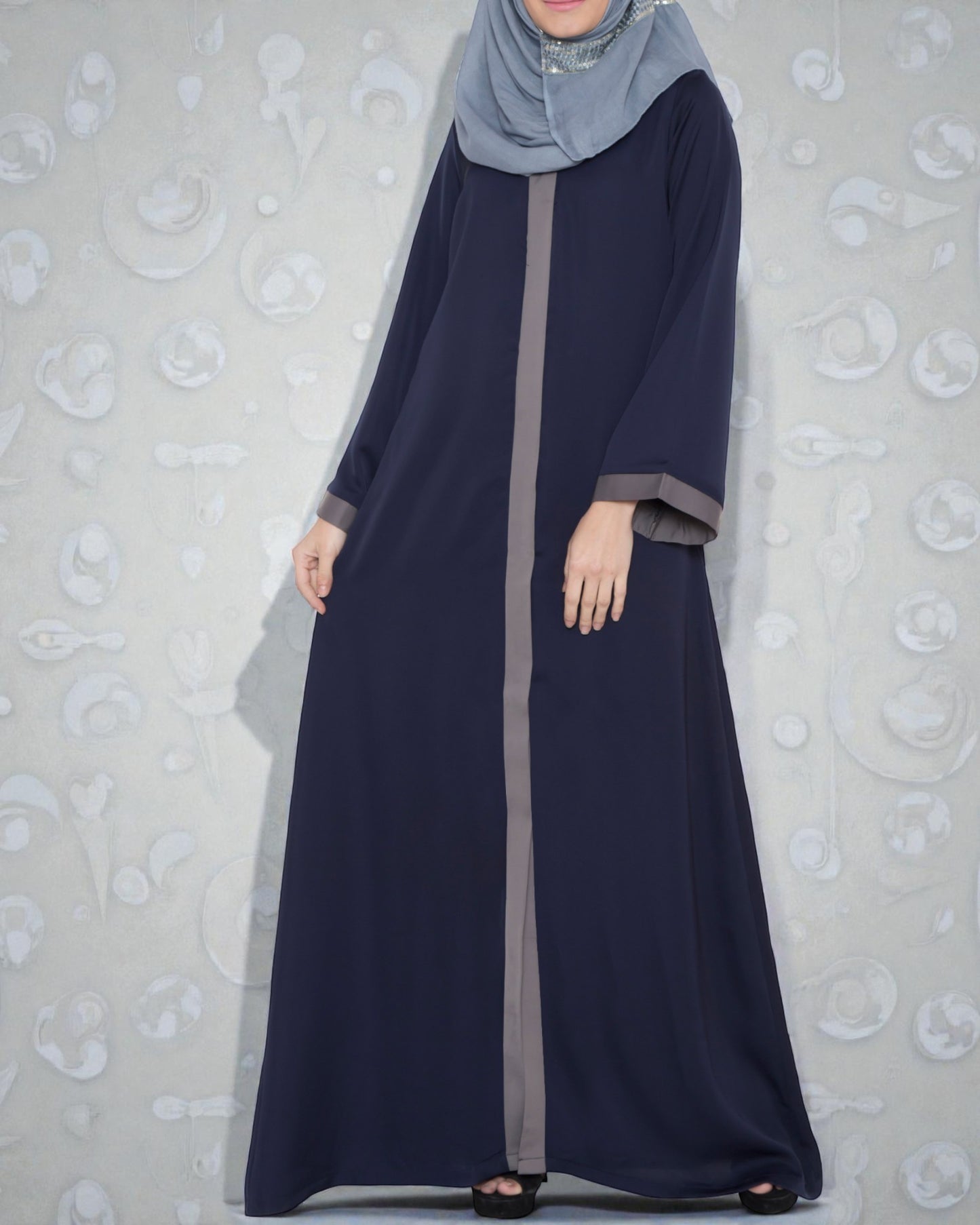 Front Open Abaya With Contrast Panels In Nida Satin Fabric