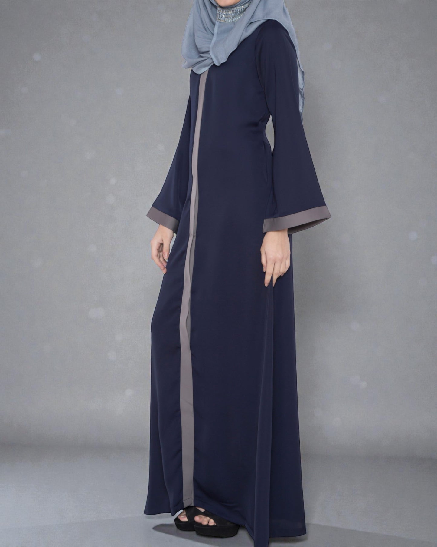 Front Open Abaya With Contrast Panels In Nida Satin Fabric