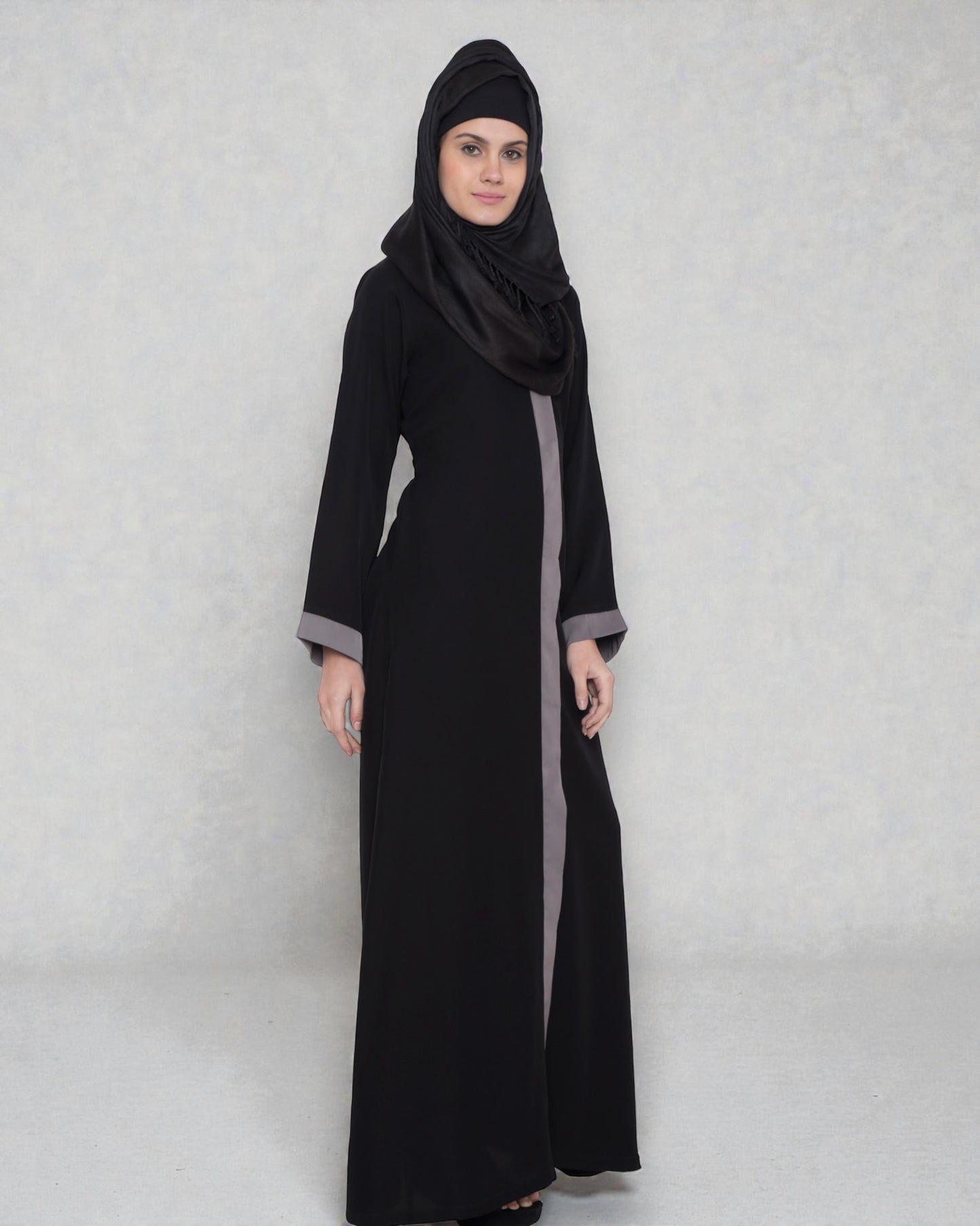 Front Open Abaya With Contrast Panels In Nida Satin Fabric