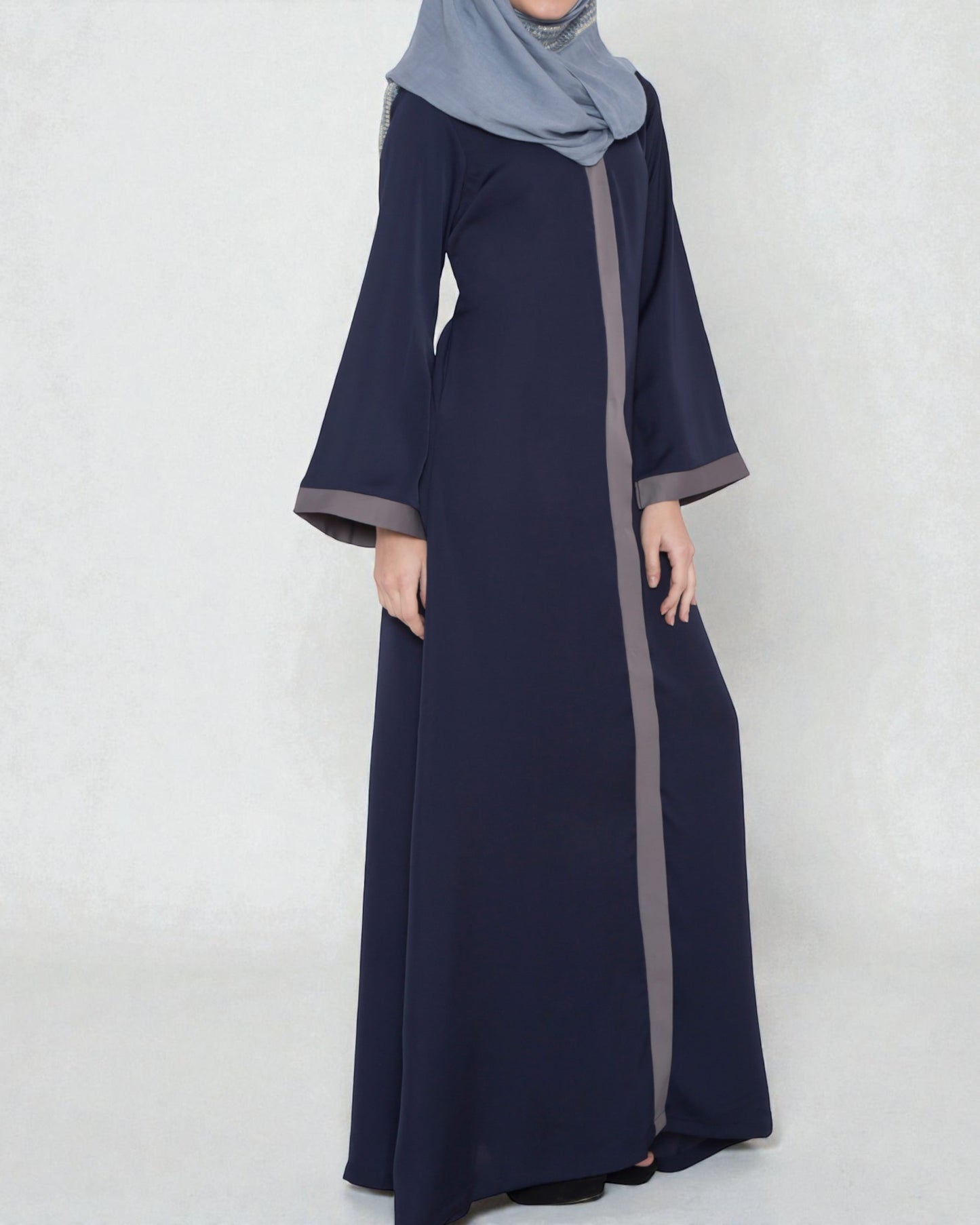 Front Open Abaya With Contrast Panels In Nida Satin Fabric