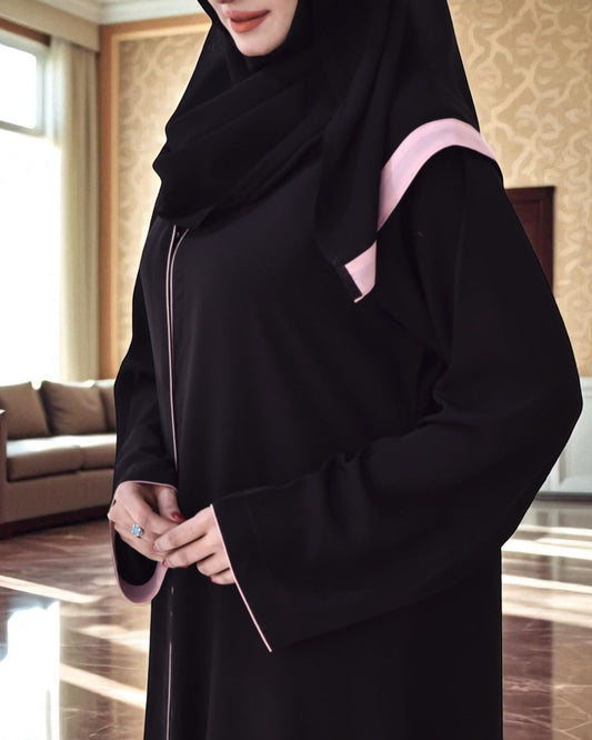 Front Open Firdaus Fabric Abaya with Contrast Piping
