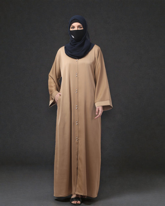 Front Open Tiktok Abaya with Round Neck & Flared Sleeves – Includes Hijab