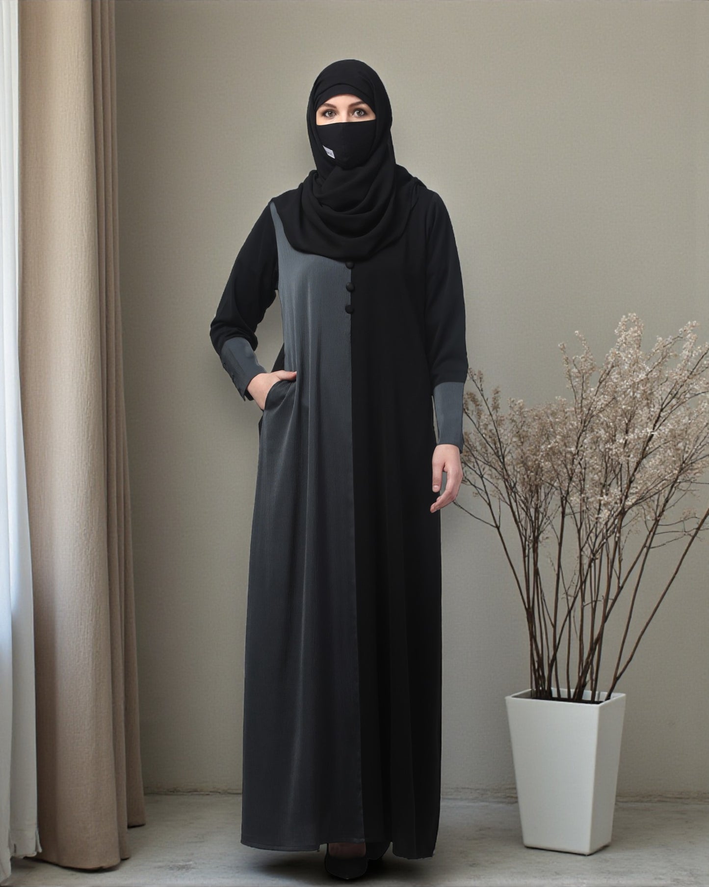 Dual Color A-Line Designer Abaya in Tiktok Fabric – Includes Hijab