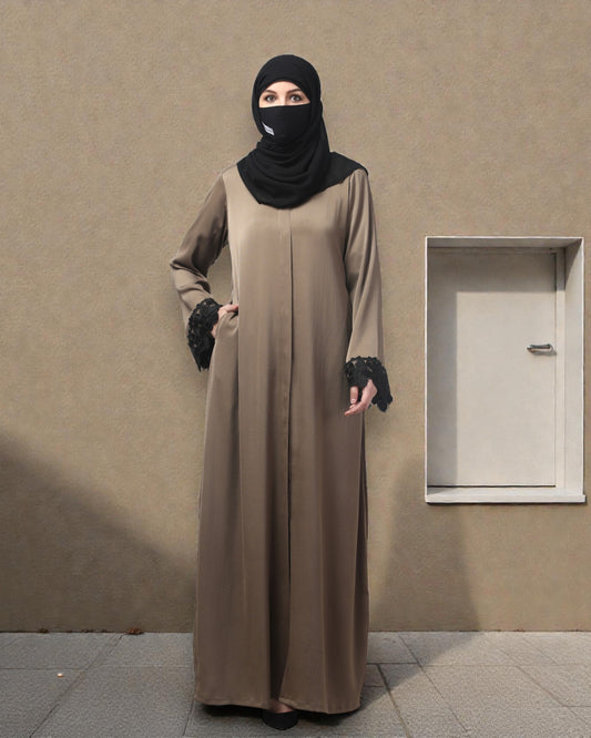 Front Open Abaya in Tiktok Polyester – Silky Elegance with Lace Accents